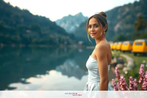 The image is a photograph of a young woman posing outdoors with a scenic view in the background. The environment suggests it may be taken at a mountainous lake, likely during the golden hour, given the warm light on her face.