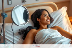 Woman lying in hospital bed smiling, with a mirror on the wall next to her. She appears healthy and happy.