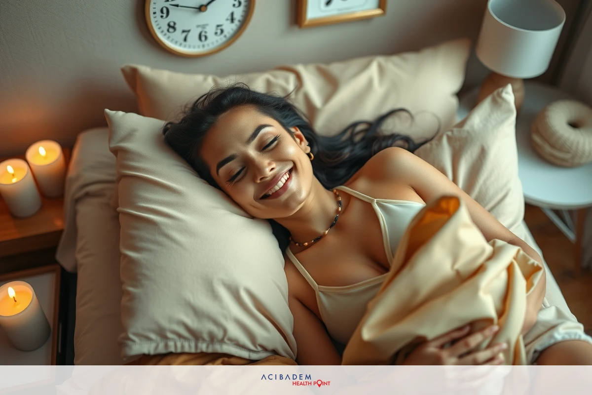A smiling woman is lying in bed, holding her belly with joy. She has black hair. The room has a warm ambiance from the candles lit on either side of the bed.