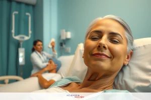 The image shows two women in a hospital setting. One woman is lying down on a medical bed, wearing light blue scrubs. She has short hair and appears relaxed or possibly sedated.
