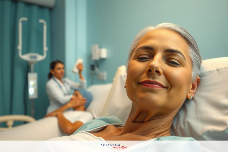 The image shows two women in a hospital setting. One woman is lying down on a medical bed, wearing light blue scrubs. She has short hair and appears relaxed or possibly sedated.