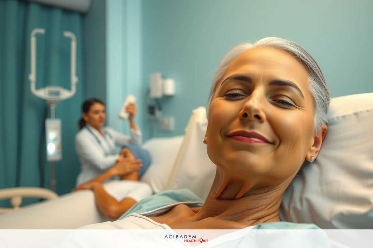The image shows two women in a hospital setting. One woman is lying down on a medical bed, wearing light blue scrubs. She has short hair and appears relaxed or possibly sedated.