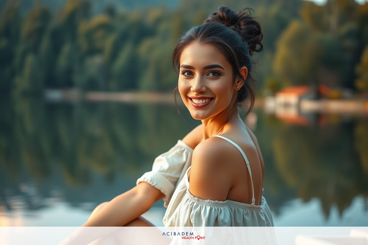 The image features a woman sitting by a lake. She is wearing a white off-the-shoulder top and her hair is styled in an updo.