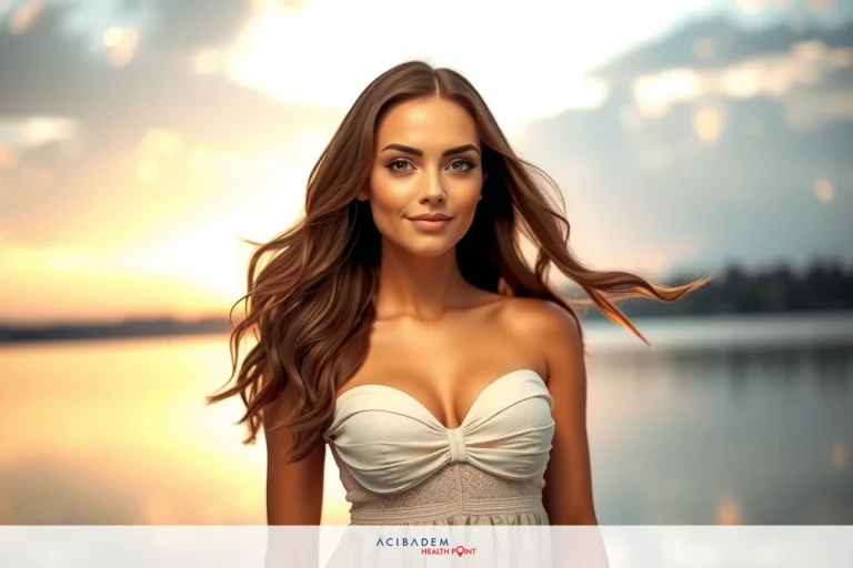 A woman in a white off-the-shoulder dress stands by a serene body of water during sunset. Her hair cascades over her shoulder as she gazes directly at the camera with a gentle smile.