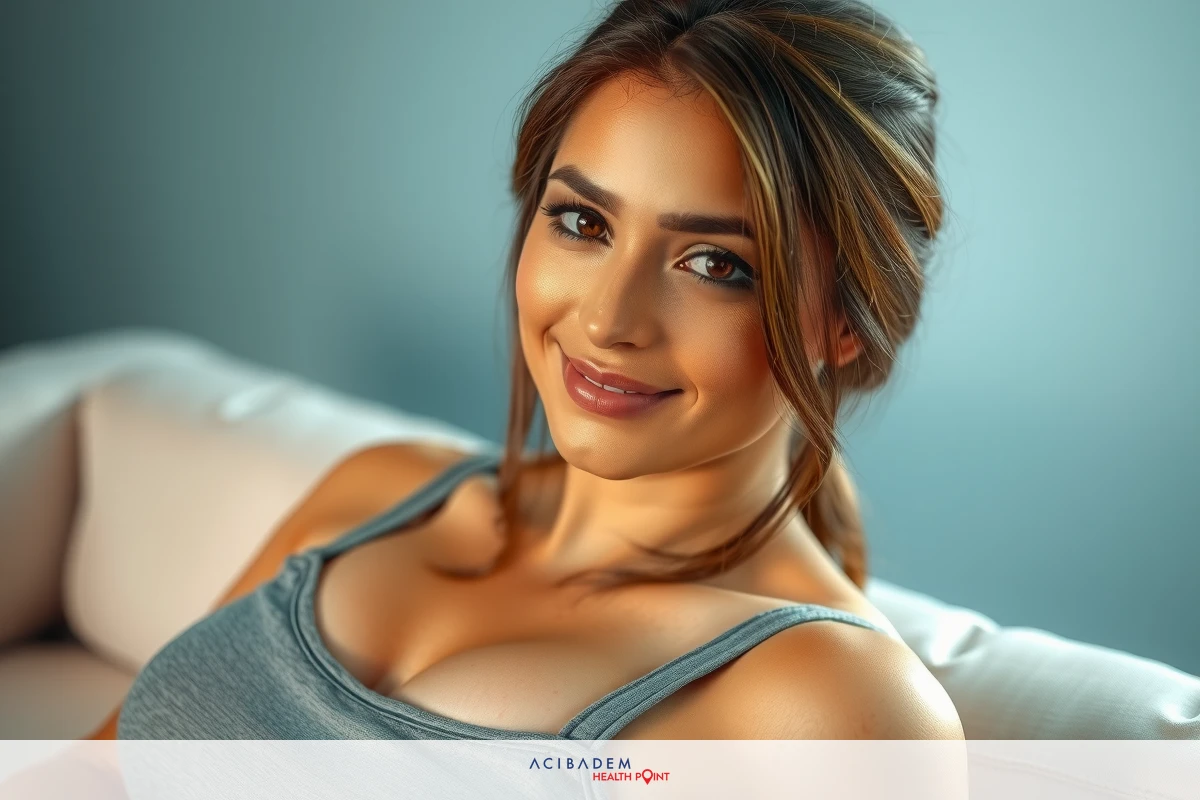 The image features a woman sitting on a couch. She has blonde hair, and her attire consists of a grey top. The woman is smiling at the viewer, creating a warm and welcoming atmosphere.