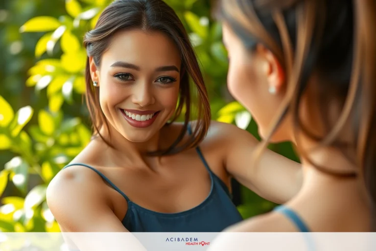 The image features a woman in the center, smiling and taking a selfie in what appears to be an outdoor setting. She has long hair and is wearing a sleeveless top. The background shows greenery, suggesting a natural or park-like environment.