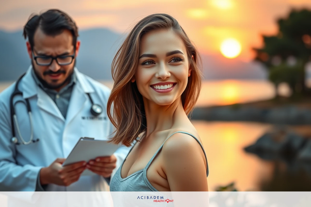 The image shows a woman standing in front of a lake at sunset, with mountains in the background. She is smiling and looking away from the camera.