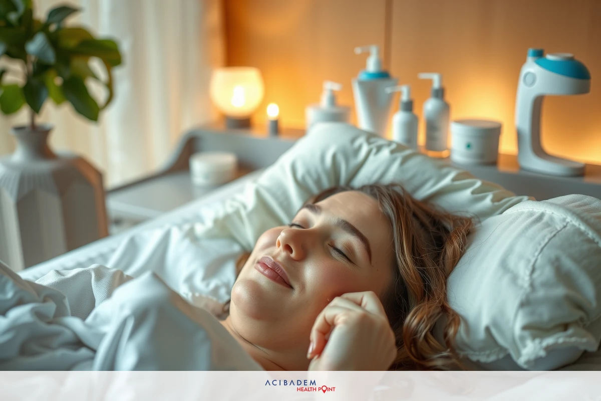 A woman resting in a dimly lit room, likely at a hospital room. The environment is calm and inviting with soft lighting that highlights the serene atmosphere.