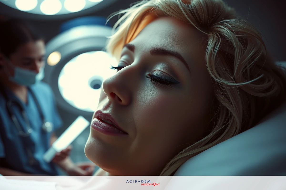 The image shows a medical setting with a woman lying on an operating table. She appears to be sedated or undergoing a procedure, given her closed eyes and relaxed posture.