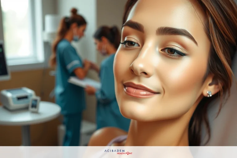 A young woman in a medical setting, smiling towards the camera. She is surrounded by medical staff in blue uniforms who are focused on their tasks.