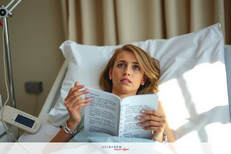 Can I Get Rhinoplasty with Septoplasty? In the image, a woman is seen lying in a hospital bed, reading a medical chart. She appears to be concerned or focused on the document in her hands. The environment suggests she might be in a hospital room or a healthcare facility. The colors are neutral with predominant shades of white and gray from the bedding and surroundings.