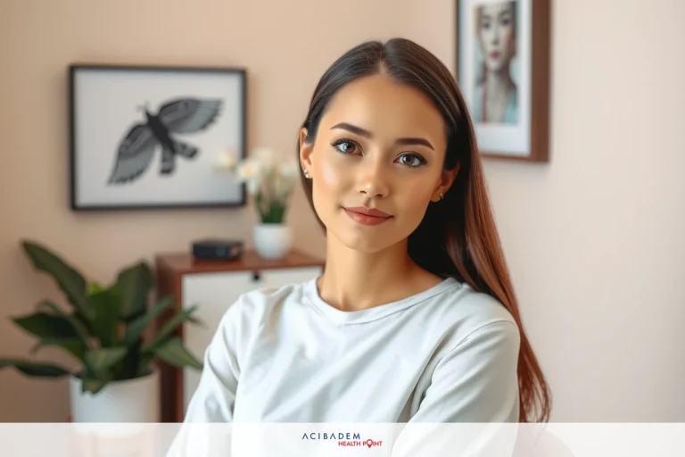 Woman with light eyes and long hair wearing a white shirt, sitting in an indoor setting with a desk and potted plant. The room has warm lighting and is decorated with artwork and plants.