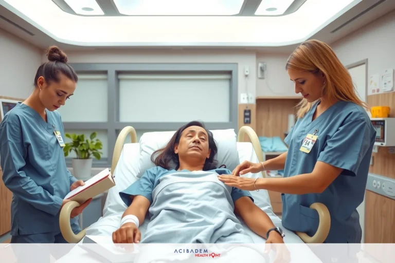 How to Stop Bleeding After Rhinoplasty In a hospital setting, medical staff are attending to a patient lying on a bed. The team includes nurses and doctors wearing blue scrubs. They appear focused on the patient's condition, examining records or monitoring vital signs, creating an atmosphere of professional care.