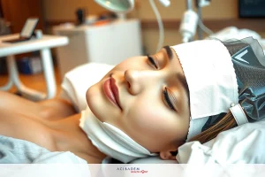 The image shows a woman lying down on what appears to be a hospital bed, wearing medical equipment on her head. She has a neutral expression and seems to be resting or possibly receiving medical treatment.