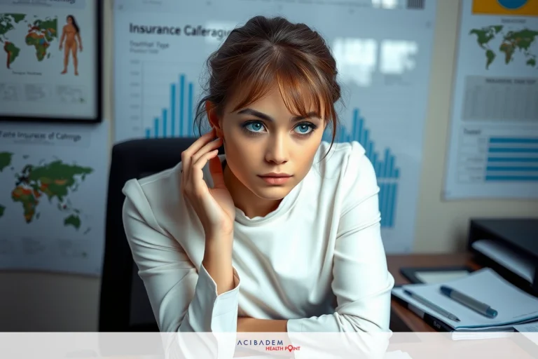 A professional woman seated at her office desk, wearing a white business jacket and holding her ear with her hand, appearing thoughtful or concerned.