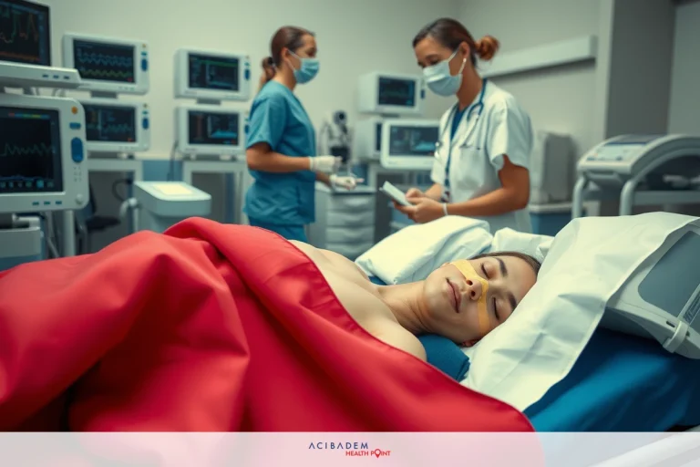 In a well-equipped hospital room, an unconscious patient lies in bed. Medical staff attentively monitor the patient's condition, standing by with medical equipment and documentation to facilitate their care.