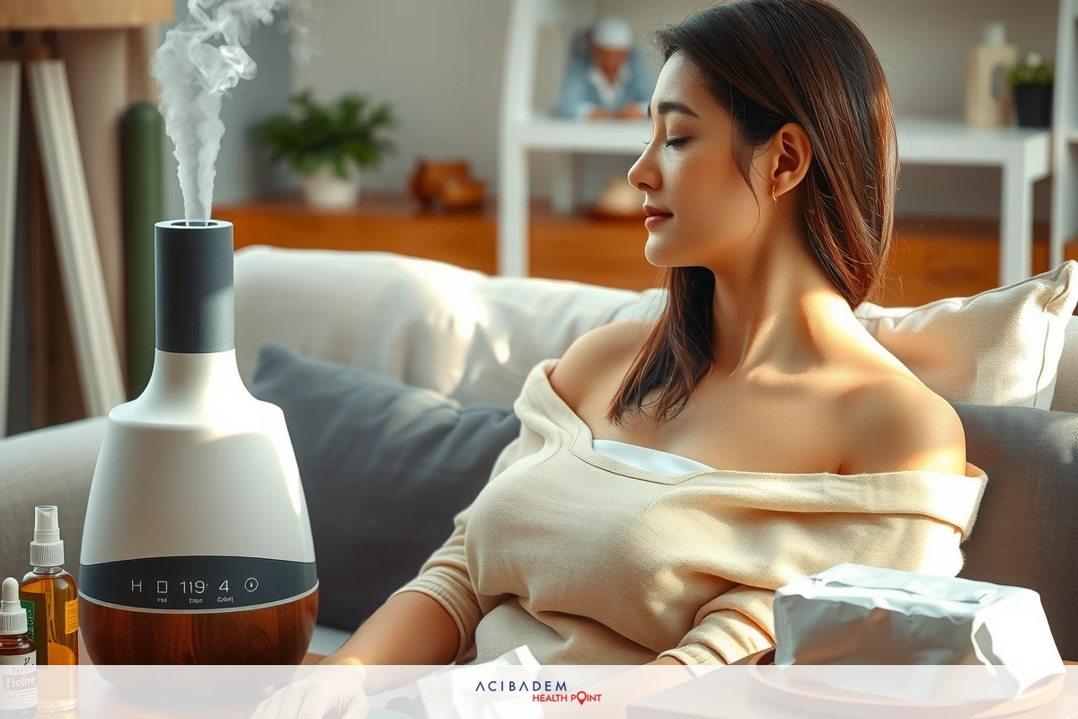 A woman sitting on a couch, relaxing with her eyes closed. She is holding an essential oil diffuser in her hand. The setting appears to be a cozy living room with warm lighting.