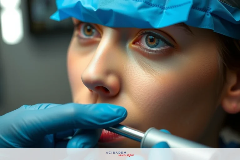 A woman with blue eyes in a dental or medical office, receiving dental treatment from an unseen practitioner. Her face is obscured by protective gear and she's wearing a surgical mask.