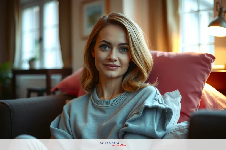 What is a Rhinoplasty Nose Job The image features a young woman sitting on a couch. She is wearing casual attire and has a gentle expression on her face. The room appears to be warmly lit, possibly from natural light coming through the windows. There are no visible texts or distinctive branding in the image.