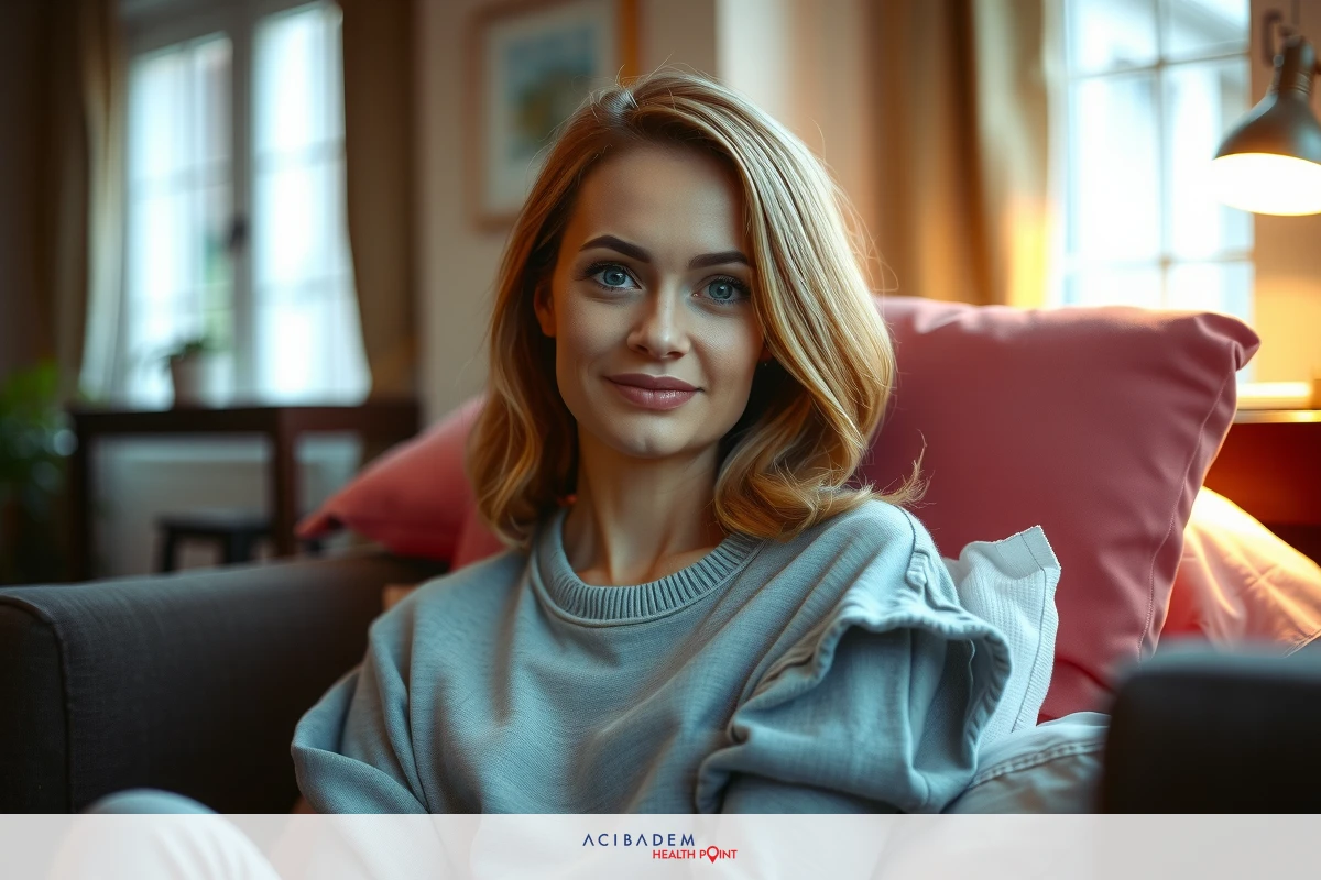 The image features a young woman sitting on a couch. She is wearing casual attire and has a gentle expression on her face. The room appears to be warmly lit, possibly from natural light coming through the windows. There are no visible texts or distinctive branding in the image.
