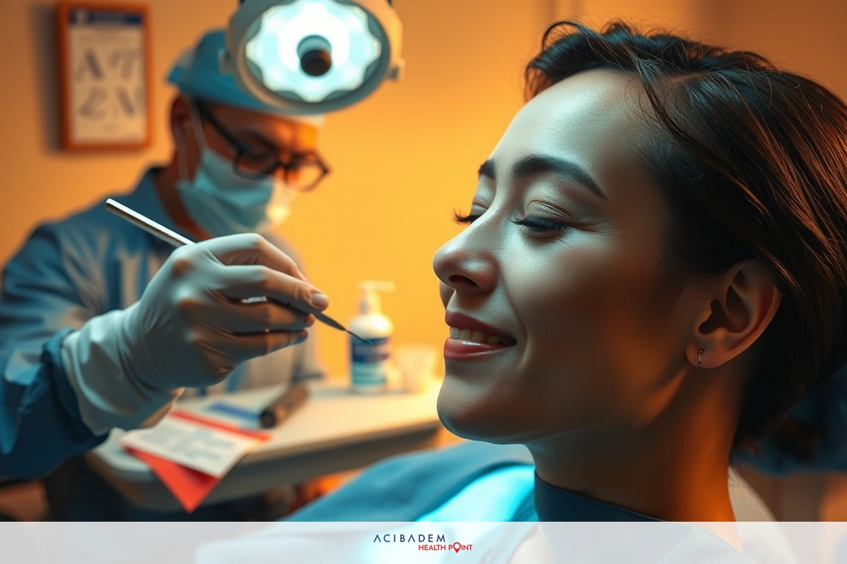 The image shows a medical office setting. A woman is seated in the chair, facing away from the camera. Another person is working on her face, possibly performing medical procedures. The environment suggests a professional and clinical atmosphere with a focus on facial care.