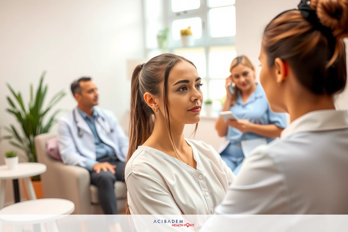 The image portrays a medical office setting. In the foreground, there is a woman who appears to be a doctor or nurse, wearing a white uniform. She has short hair and is looking towards another person. Behind her, slightly out of focus due to depth of field, two more individuals can be seen; one seems to be on the phone while the other watches intently. The office environment includes typical medical elements such as a reception desk and chairs, which contribute to the clinical atmosphere. There is also greenery in the background, adding a touch of life to the scene.