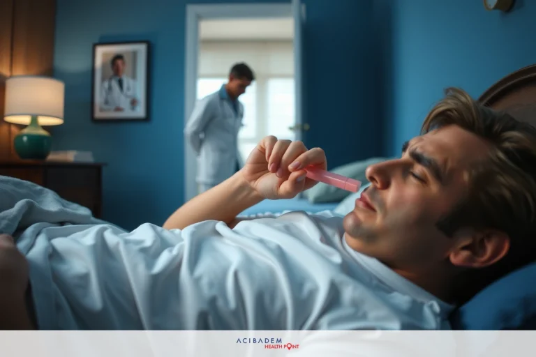 The image shows a man lying in bed. He appears to be ill, indicated by the presence of medical equipment and another person tending to him who is dressed in white, suggesting a medical setting.