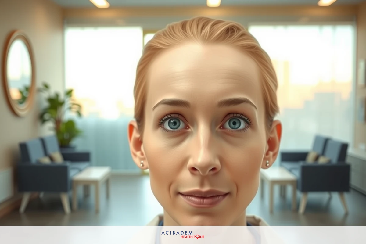 A woman with blue eyes and blonde hair is seen from the chest up. She is wearing a medical gown or uniform, suggesting she might be a doctor or nurse.