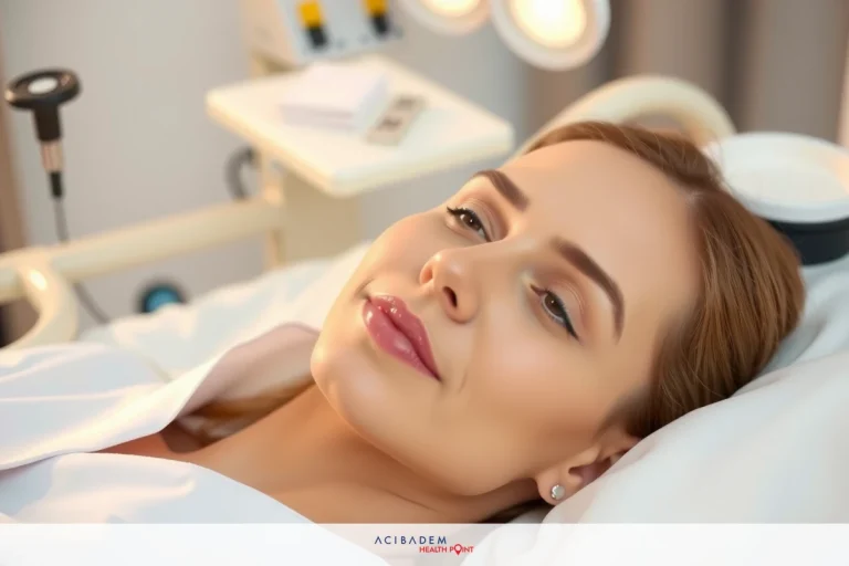 A woman lying down with a headrest, possibly in a medical or beauty clinic setting. She appears to be receiving some form of treatment or service, as suggested by the lights and equipment surrounding her.