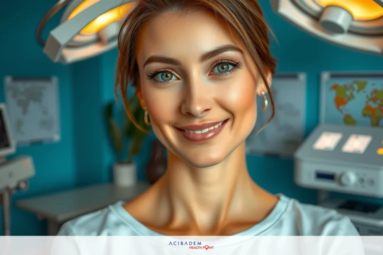 How Much is Non Surgical Rhinoplasty in the Philippines? A woman in a modern medical office with lighting equipment and surgical tables. She is wearing scrubs and smiling, indicating that she might be a patient.