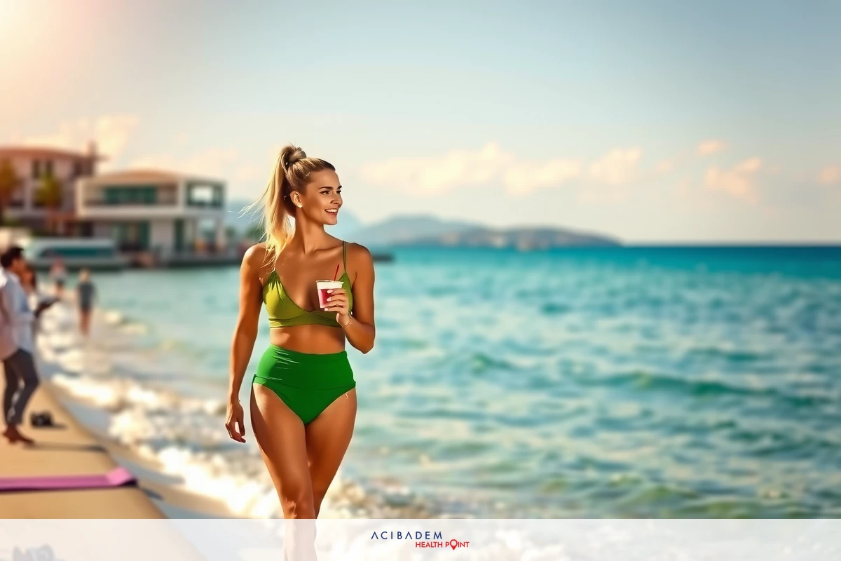 The image depicts a woman wearing a green swimsuit walking along a beach. She is holding a drink in her hand and appears to be enjoying a sunny day at the shore.