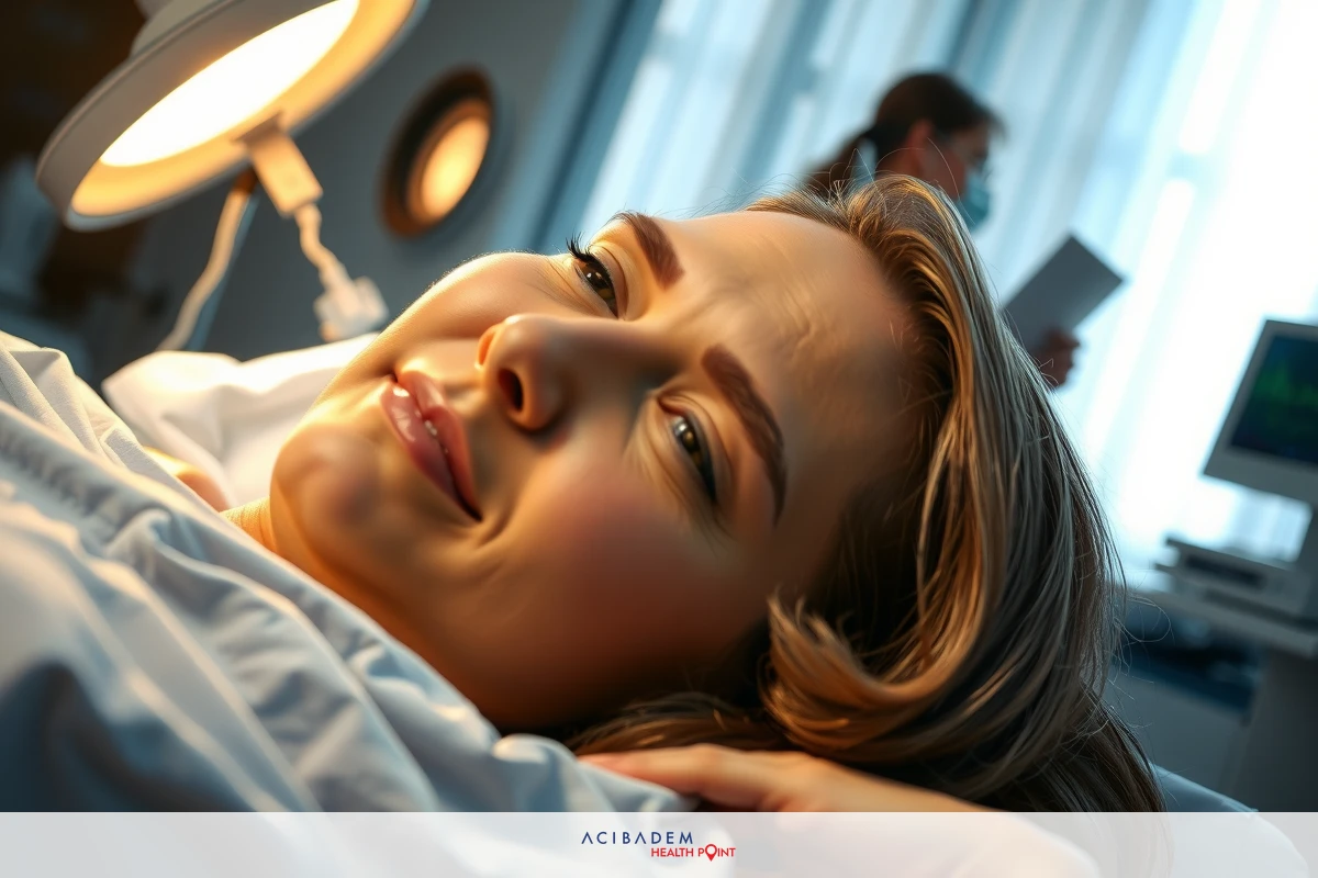 The image shows a woman lying in what appears to be a medical setting. She is resting on her back, and there are various pieces of equipment around the room, suggesting she might be receiving some form of treatment. Her expression is one of discomfort or mild distress.
