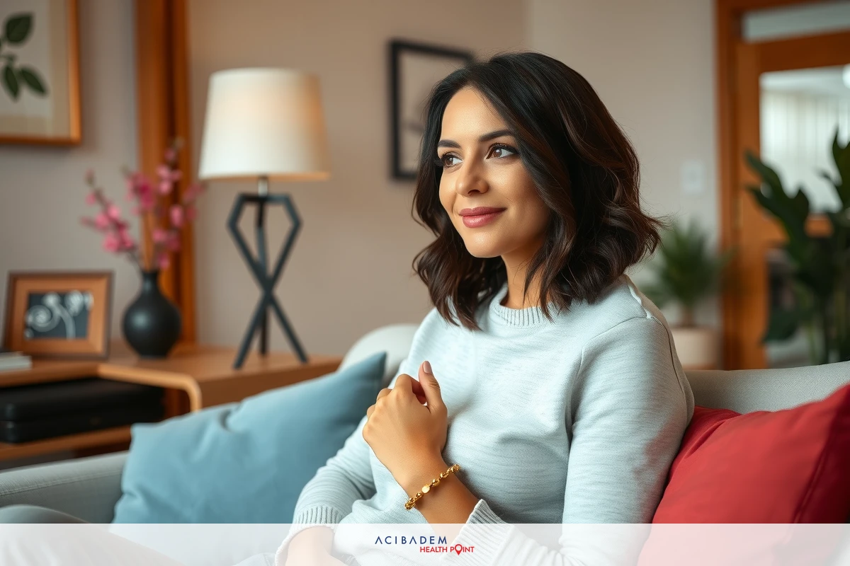 In this image, a woman is seated on a modern sofa in what appears to be a cozy home setting. She has medium-length hair and is wearing a soft grey top that contrasts with the vibrant red cushions of the couch. Her expression is warm and inviting, suggesting she might be engaged in a pleasant conversation or simply enjoying a moment of relaxation.