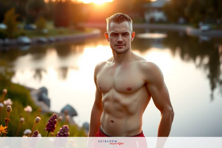 A young man standing by a lake at sunset. He is wearing athletic wear and has a well-defined physique, indicating he might be an athlete or works out regularly.