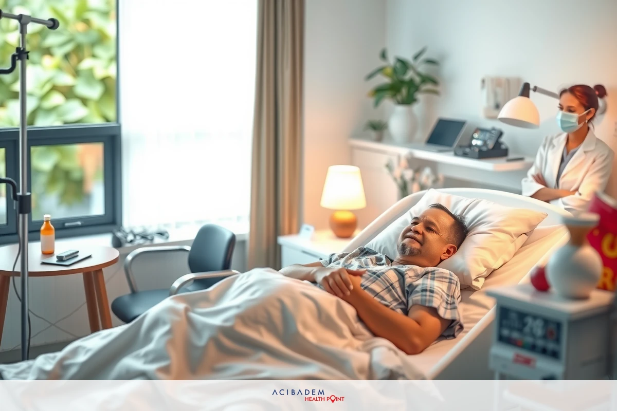 The image shows a hospital room with two individuals inside. The person in the foreground is lying on a bed and appears to be smiling or laughing. In contrast, the healthcare professional stands at the end of the bed, seemingly in conversation with the patient. The room has a window allowing natural light to enter, and there is medical equipment visible. The overall atmosphere seems positive and interactive.