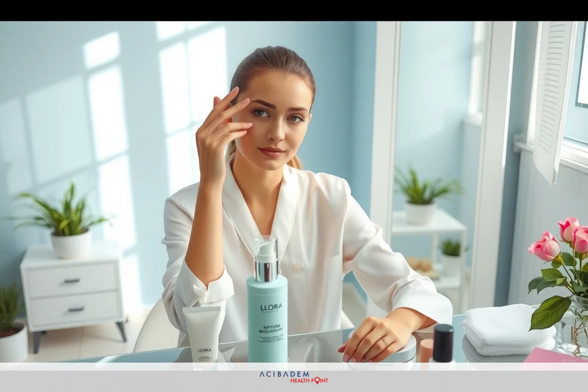 The image features a woman in an office environment, sitting at a desk with her hands on her face. She appears to be applying something on her skin with her left hand. The room is well-lit and has decorative items such as potted plants and vases. There are multiple bottles on the desk, suggesting that this might be a skincare routine or product review session.
