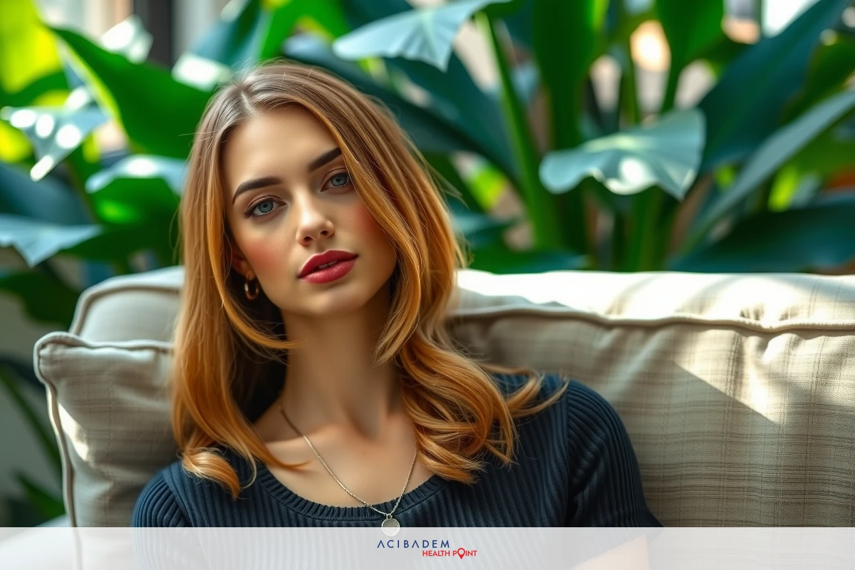 A woman with red hair and lips, wearing a black t-shirt, sitting on a white couch. The background includes plants which bring a touch of greenery to the indoor setting.