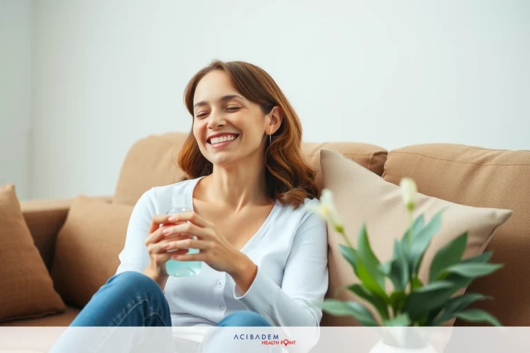 Can You Breathe Through Your Nose After Rhinoplasty? Smiling woman relaxing on a couch, holding a coffee mug in her hands. She is wearing casual clothes and appears to be enjoying some leisure time at home.
