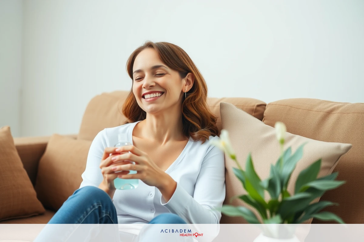 Smiling woman relaxing on a couch, holding a coffee mug in her hands. She is wearing casual clothes and appears to be enjoying some leisure time at home.