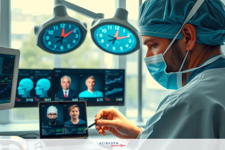 The image shows a medical professional in an operating or intensive care unit, working with advanced technologies. The person is wearing full medical attire including a surgical cap, mask, and scrubs. Multiple screens are visible displaying various data such as patient vital signs, financial market graphs, and news feeds, suggesting a high-tech environment where multiple streams of information are being monitored.