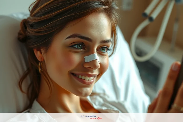 The image shows a woman lying in a hospital bed. She is smiling and appears to be looking at her cell phone.