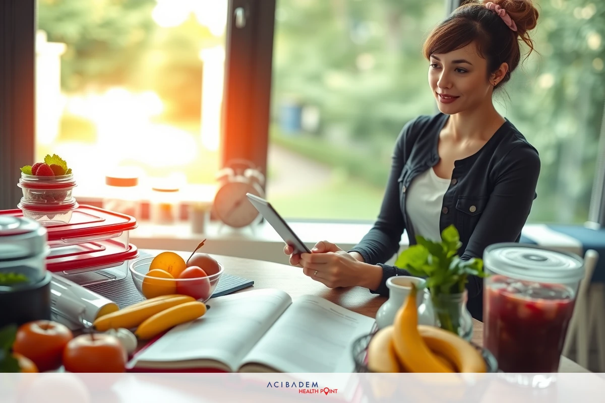 A woman sitting at a kitchen table surrounded by an array of healthy foods and books. The environment suggests she may be preparing to write a recipe or conduct research related to nutrition.