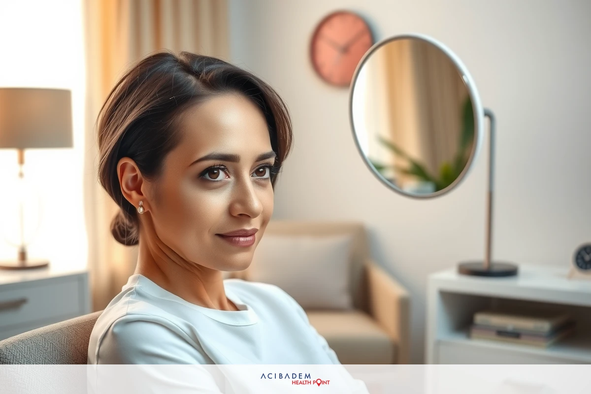 The image features a woman seated in a modern living room, appearing to be deep in thought. She is wearing a white top and has her hair styled neatly. The room has contemporary decor, with a mirrored wall that reflects the interior lighting.