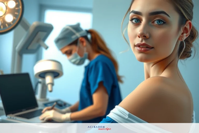 The image captures a modern medical setting. A woman, likely a patient, is seated in the foreground on the right side, with her profile showing. She appears to be looking at the camera or someone just out of frame. Behind her, another woman dressed in surgical attire and wearing a face mask is focused on a laptop screen, possibly reviewing medical records or preparing for a procedure. The room has a clean, clinical design with blue and white colors, and there are medical equipment such as an ultrasound machine visible in the background.