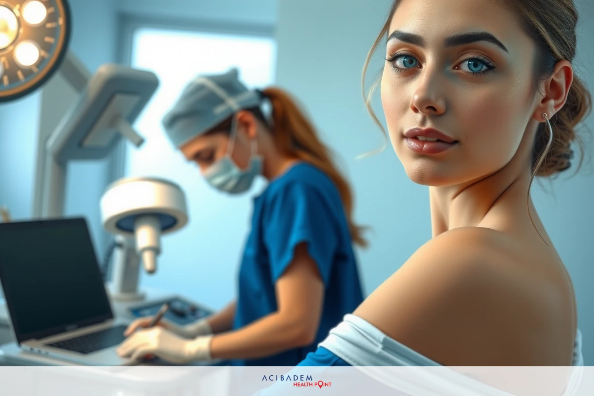 The image captures a modern medical setting. A woman, likely a patient, is seated in the foreground on the right side, with her profile showing. She appears to be looking at the camera or someone just out of frame. Behind her, another woman dressed in surgical attire and wearing a face mask is focused on a laptop screen, possibly reviewing medical records or preparing for a procedure. The room has a clean, clinical design with blue and white colors, and there are medical equipment such as an ultrasound machine visible in the background.