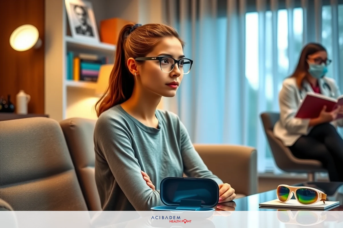 The image depicts a professional setting with two women. One woman is seated at the table, looking off to the side with a thoughtful expression. She is wearing glasses and a gray shirt. The other woman stands beside her, holding what appears to be papers or documents in her hand. Both are dressed in business attire, suggesting they may be colleagues or associates engaged in a professional discussion. The room has modern decor with neutral colors and natural lighting, indicating an office environment.