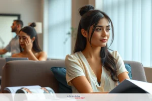 The image portrays a woman seated at a desk, deeply engrossed in reading a papers. She has long hair and is wearing a beige blouse.