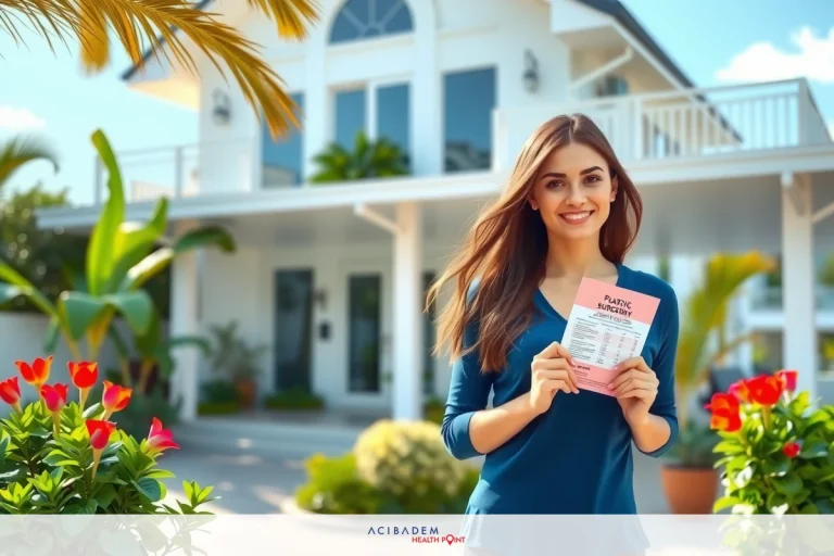 The image shows a woman standing in front of a two-story house with a palm tree. She is holding a pink booklet or brochure, and she appears to be smiling while posing for the photo. The environment suggests a tropical or warm climate due to the palm tree, and there are colorful flowers visible near her.