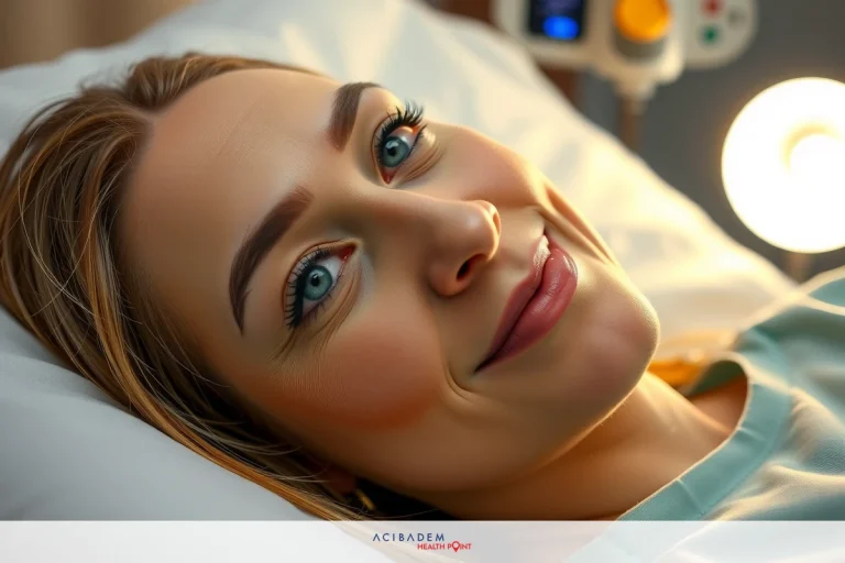 Who Does Nose Surgery for Improving Functions? A woman lying in a hospital bed with her eyes opened, possibly smiling. She has makeup on and appears to be resting or recovering from surgery.