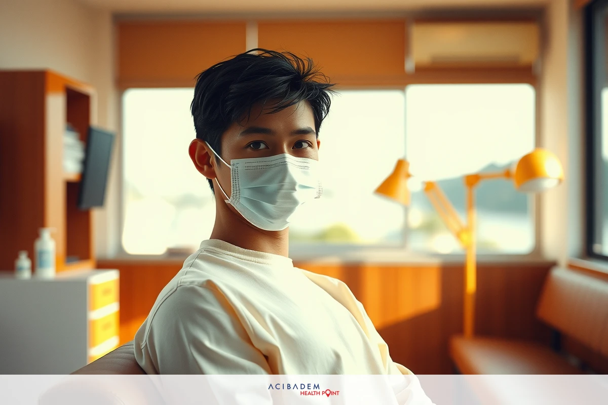 A young male wearing a mask is seated in an office environment. The office has a modern design with wooden furniture, and there are windows suggesting it could be daytime. The person's attire consists of white medical garments, indicating that he might be a healthcare professional or working within the healthcare industry.